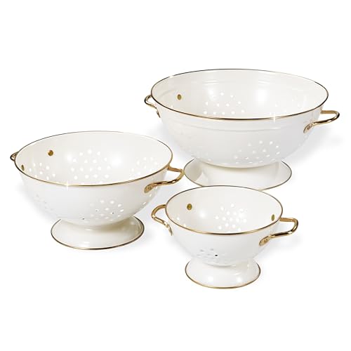 Cream Metal Colander Set of 3 - Stainless Steel Kitchen Strainers for Pasta & Vegetables