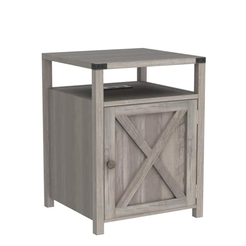 HOSEOKA Rustic Grey Farmhouse Nightstand with Charging Station, End Table
