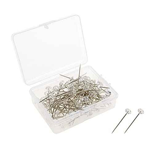 100Pcs Transparent White Sewing Pins, 38mm/1.5Inch Acrylic Diamond Head Pins Crystal Head Corsage Pins for Dressmaking Jewelry Components Flower Decoration