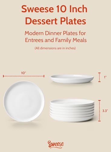 Sweese 10-Inch White Porcelain Dinner Plates Set of 6 - Dishwasher & Microwave Safe
