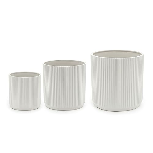 White Fluted Ceramic Plant Pots Set of 3 - 6, 8 & 10 Inch Indoor Outdoor