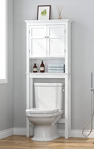 Over Toilet Storage Cabinet with Doors and Adjustable Shelf - White Bathroom Organizer