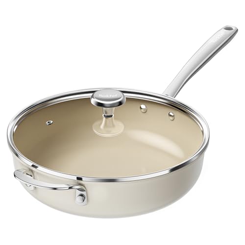 Redchef Ceramic Saute Pan with Lid - 5QT Nonstick Deep Frying Pan, 11 Inch, Beige