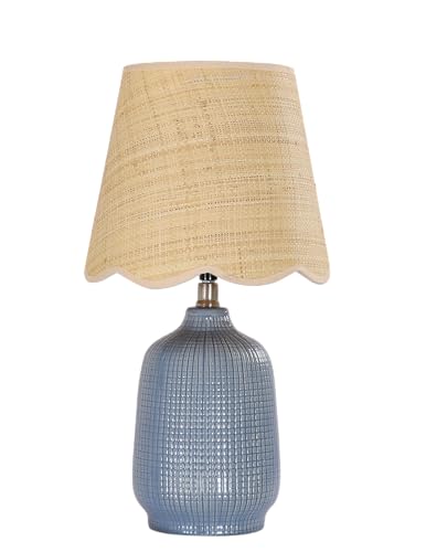 Navy Blue Ceramic Table Lamp with Rattan Shade - Modern 19" Desk Light for Living Room & Bedroom