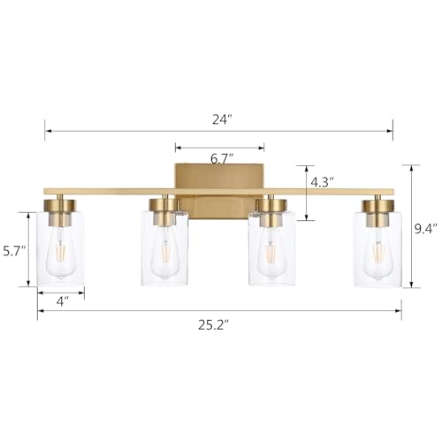 4-Light Bathroom Vanity Light Fixtures - Brushed Brass Wall Sconces with Clear Glass Shades - Gold, 4 Lights - Variation of THIS listing