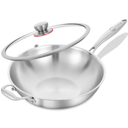 LOLYKITCH 13-Inch Stainless Steel Wok with Glass Lid and Detachable Handle