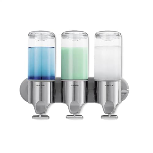 simplehuman Triple Wall Mount Shower Dispenser - Hotel-Grade 3-Chamber Refillable Stainless Steel, No-Drill Install