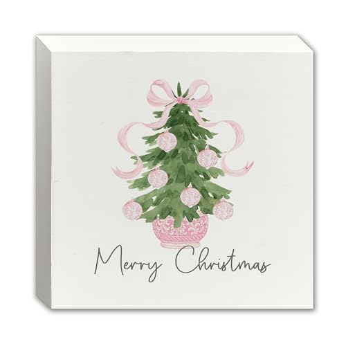 JWVK Pink Ribbon Chinoiserie 5x5 Wooden Box Sign - Grandmillennial Christmas Decor, Color-4