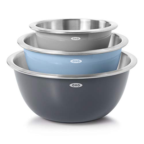OXO Good Grips 3-Piece Stainless Steel Mixing Bowls Set - Blue & Gray, Nesting & Dishwasher Safe