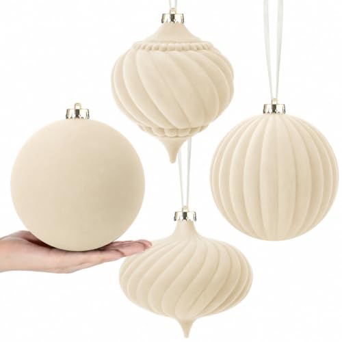 Civaner 4 Pcs 6 Inch Velvet Christmas Ball Ornaments Beige – Vintage Flocked Shatterproof