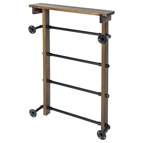 Wall-Mounted Towel Rack Ladder with Storage Shelf - Rustic Burnt Wood, Dark Brown