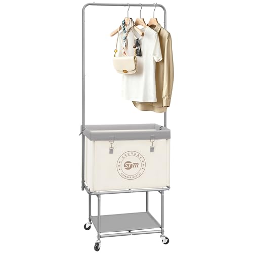 Laundry Cart with Hanging Bar & Storage Shelf - Beige, 110L, 3-in-1
