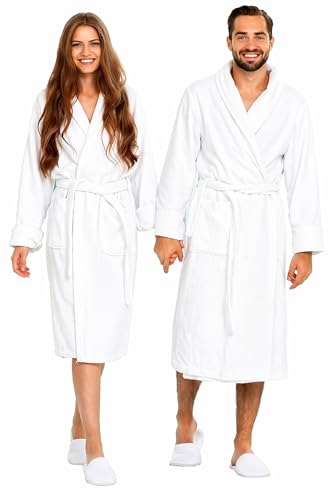 BIOLINEN White Cotton Shawl Collar Bathrobe with Slippers, One Size