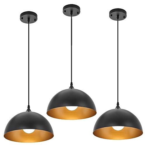 Black and Gold Industrial Pendant Lights 3 Pack - Adjustable Vintage Hanging Lamps for Kitchen Island, Bar, Dining Room
