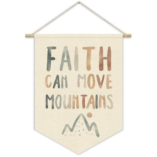 Christian Kids Wall Art Canvas Banner,Faith Can Move Mountains,Bible Verses Wall Hanging Pennant Flag Canvas Banner for Playroom Classroom Baby Kids Bedroom 15x11in