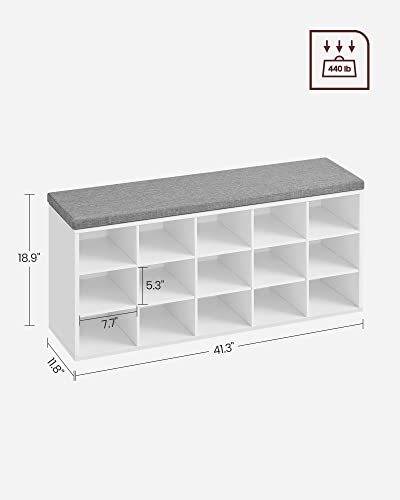 VASAGLE Shoe Storage Bench with Cushion, 15 Cubby Compartments, Cloud White + Dove Gray