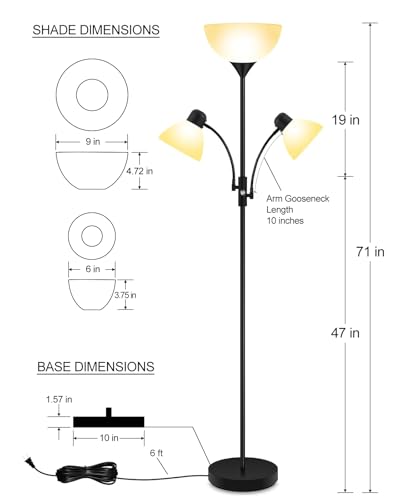 BoostArea Torchiere Floor Lamp with Reading Lights - 71 Inch Black Standing Lamp (NO BULB) - Modern 3-Way Switch