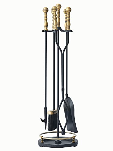 Fireplace Tools Set with Retro Gold Handles - 5-Piece Fireplace Accessory Kit