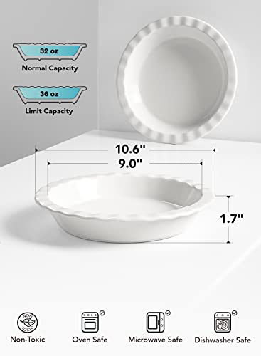 Ceramic Pie Pans Set of 2 - 9 Inch White Baking Dishes, 36 OZ, Fluted Edges