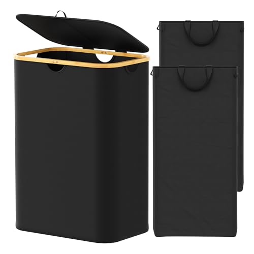 SpaceAid Double Laundry Hamper 2 Section with Lid - 160L Black Collapsible Basket with Bamboo Handles