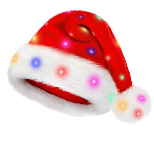 Light Up Christmas Santa Hat,Red Velvet Xmas Costume Hats for Adult Women Men Party Holiday Unisex New Year Festive Headwear