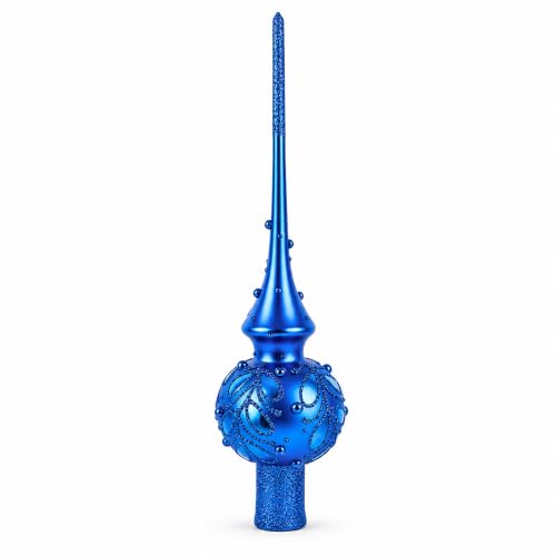 Blue Glass Christmas Tree Topper with Hand-Painted Jewels - 11 Inches