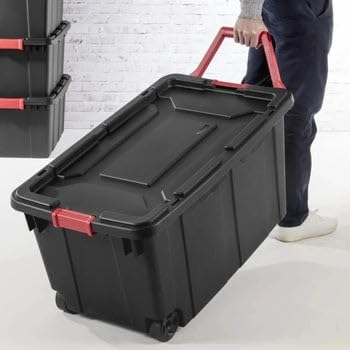Skiennix 40 Gallon Wheeled Industrial Tote - Durable Black Plastic Storage Bin | Set of 2