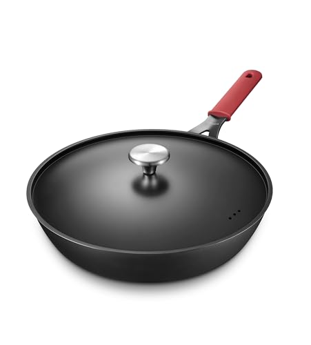 Black 12 Inch Carbon Steel Frying Pan with Lid - Pre-Seasoned Nonstick Skillet