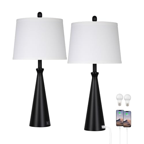 Black 28-Inch Touch-Control Table Lamps Set of 2 with USB Ports - Modern Bedside & Living Room Lighting