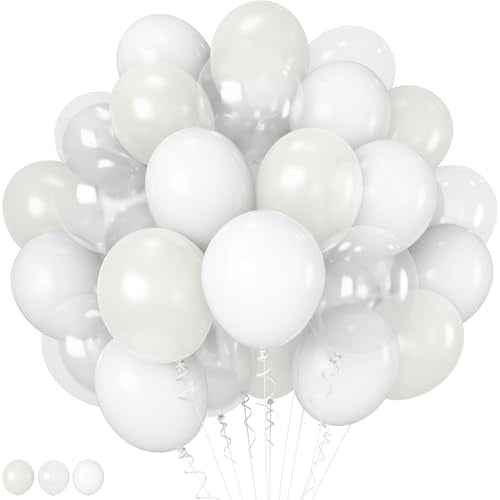 White Balloons 12 Inch Wedding Pearl White Latex Balloons, Thicker Matte White Clear Party Helium Balloon Set for Birthday Engagement Anniversary Bridal Shower Winter Christmas Party Decoration