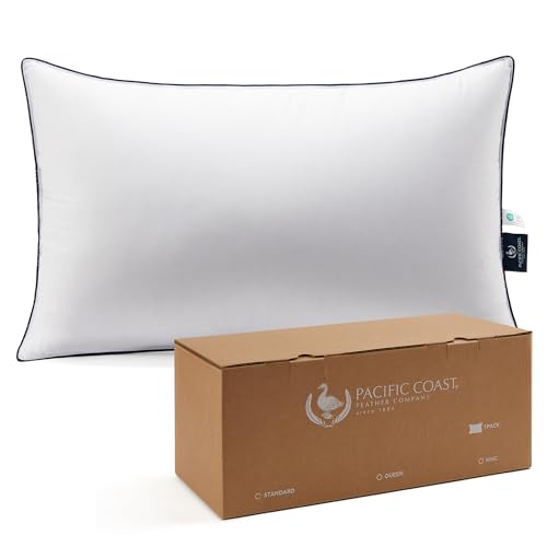 Pacific Coast Queen Size Goose Feather & Down Pillow with 3-Chamber Support - Hypoallergenic, High Thread Count Cotton Shell