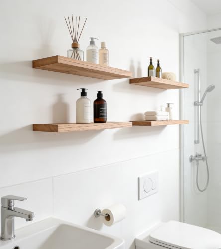 HXSWY 17 Inch Rustic Wood Floating Shelves Set of 6 - Farmhouse Wall Storage, Light Brown