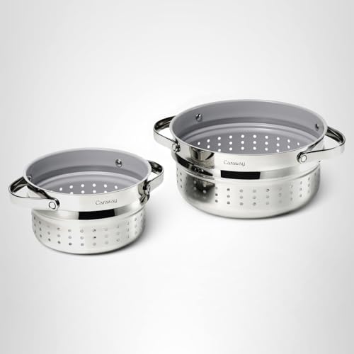 Caraway Steamer - Stainless Steel Steamer with Handles - Non Stick, Non Toxic Coating - Steam Veggies, Seafood, and More - Compatible With Our Dutch Oven or Sauce Pan - Small