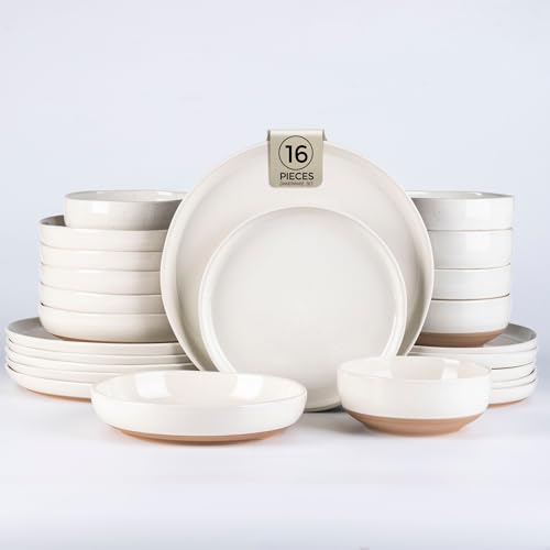 Light Beige Ceramic Dinnerware Set for 4 - 16 Pieces with Plates & Bowls