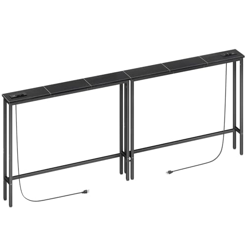 Narrow Console Table with Outlets - 78.8 Inch Black Sofa Behind Couch