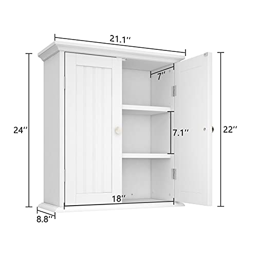 White Over The Toilet Bathroom Wall Cabinet with 2 Doors, 8.8"D x 21.1"W x 24"H