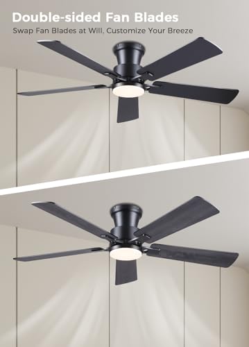 JSAITEE 52in Black Flush Mount Ceiling Fan with Remote & Dimmable LED Light