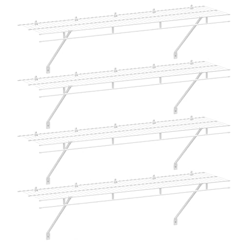 4 Pack Wall Mounted Closet Shelves - 4ft x 12in Wire Shelf Kit - Space Saving Storage
