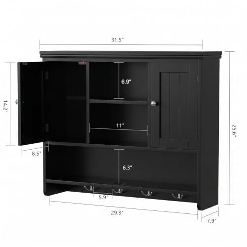 Keehusux Black Striped Wall-Mounted Bathroom Cabinet with Doors & Hooks, 3-Tier, 31.5"W