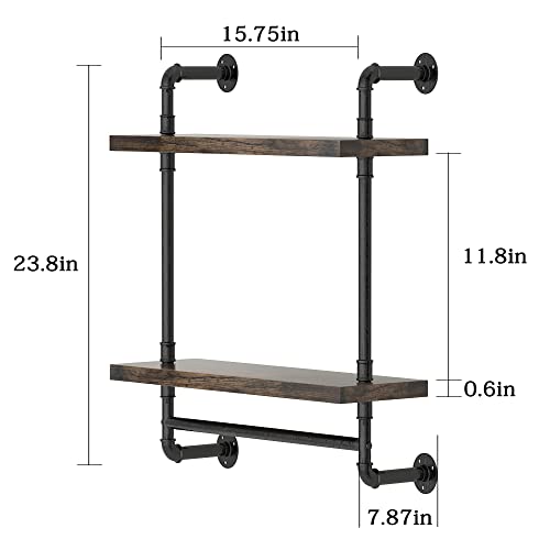 Brown 16-Inch Industrial Pipe Floating Bathroom Shelf with Towel Bar - Rustic Wall Storage