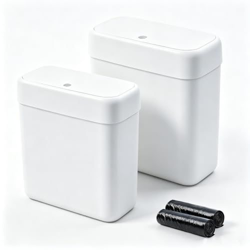 Funest 2 Pack Slim Bathroom Trash Cans with Lid - 3 Gal & 2.7 Gal Waste Bins for Small Spaces, RV, Office, White