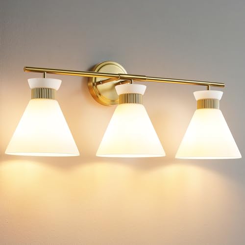 WOSHITU Gold 3-Light Bathroom Vanity Light Fixture with Frosted Glass Shades