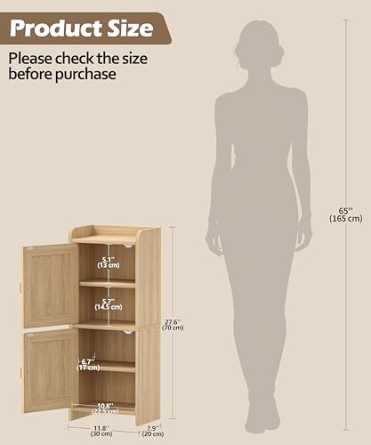 Akxomel Natural Oak Rattan Narrow Bathroom Cabinet – Compact Toilet Paper Organizer, 7.9''D x 11.8''W x 27.6''H