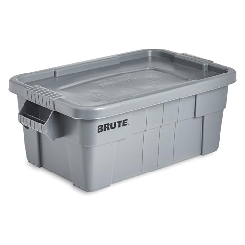 Gray Rubbermaid Commercial BRUTE 14-Gallon Tote Storage Container with Lid - Heavy-Duty, Stackable, Reusable