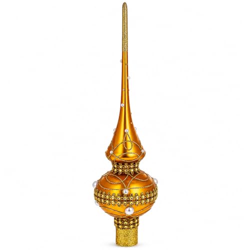 Golden Jewels & White Pearls Christmas Tree Topper - 11 Inches, Hand-Painted Glass