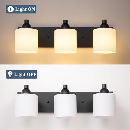 Milk Glass Vanity Wall Light Fixture - Matte Black 3-Light Bathroom Sconce - Over Mirror