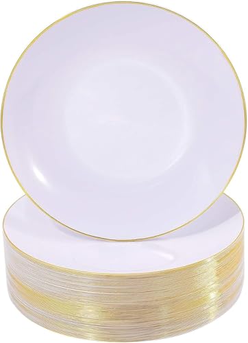 10.25-Inch White and Gold Disposable Plastic Plates - Pack of 100