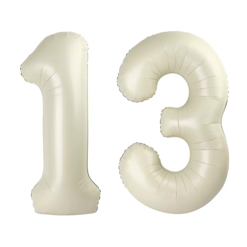 Cream Number 13 Balloon 40 inch, 13 Number Balloons, 13th Cream Birthday Decorations, 13 Year Old Girls Boys White Party Supplies