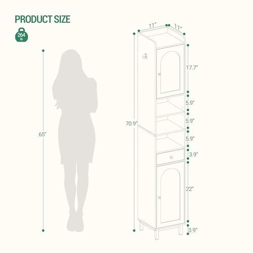 White Tall Bathroom Cabinet with Adjustable Shelves and Drawer - 11 x 11 x 70.9 Inches