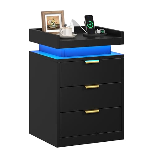 knoworld LED Nightstand with Charging Station & USB Ports, 3-Drawer